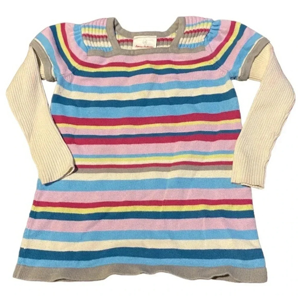 HANNA ANDERSSON EUC GIRLS DRESS SWEATER WONTER STRIPES BLUE PINK GRAY SIZE 4 100 - Picture 1 of 4